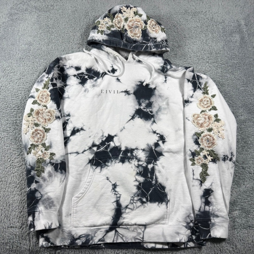 Civil Regime Hoodie Mens Large White Black Tie Dye Floral Embroidery Streetwear
